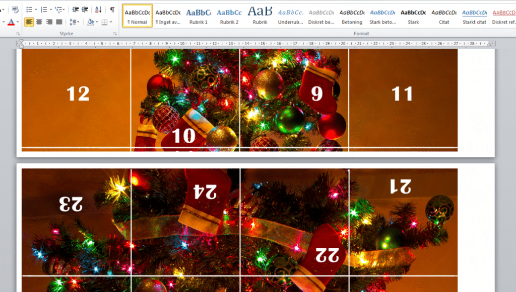 Tvådelad julkalender som den ser ut i Word